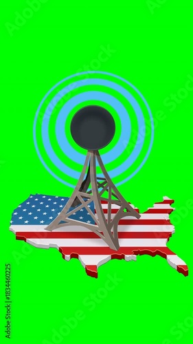 Looping 3D animation of the USA flag map with a communication tower emitting signal waves. Isolated on green chroma key. Concept for network, broadcasting, or data connectivity in America.