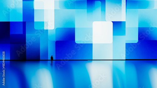 Silhouette of a man against a digital blue geometric background