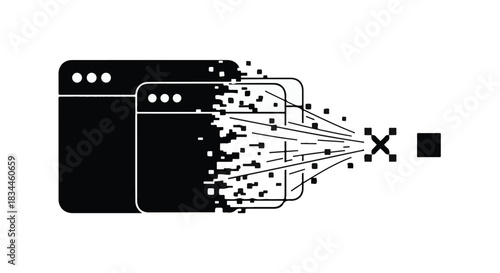 Digital data dissolving from browser windows into abstract pixels, symbolizing information loss or deletion.