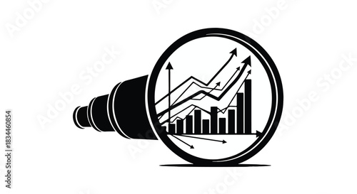 Telescope focusing on growing financial charts, symbolizing future investment and growth.