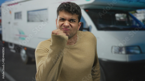 Man raises fist then shakes it in outdoor parking lot toward young hispanic male with angry expression beside camper.