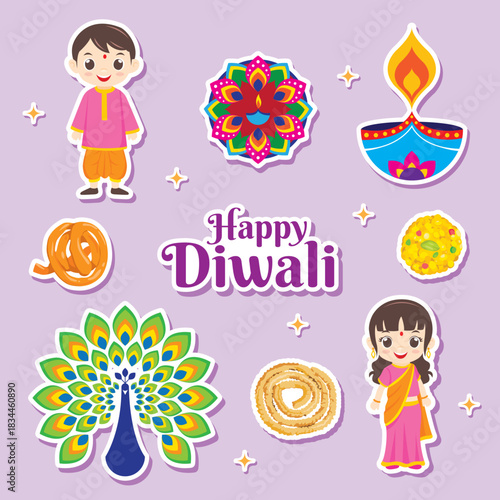 Minimalist vector illustration set of cute Diwali sticker elements for social media, cover, backgrounds, banners, posters