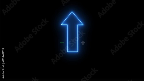 Neon glowing line Up direction animated arrow on black background .Animation of sweep arrow icon, upward and transparent swipe up pointing arrow icon Seamless Loop Traffic Arrow Sign in 4K.