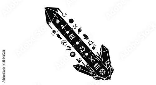 Abstract crystal formation with embedded abstract icons representing various concepts