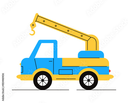 Tow truck or crane. Cute, simple flat vector illustration of a blue and yellow tow truck or crane. Children's toy. Perfect for construction, industrial and transportation design
