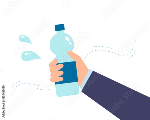 Businessman in a suit holds a cold, refreshing bottle of water. This symbolizes hydration, health, and a quick break. Vector