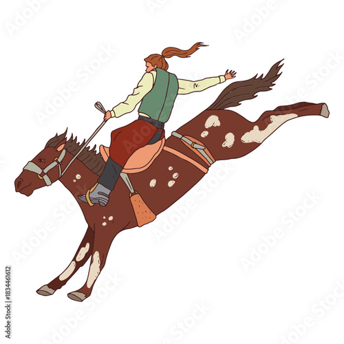Cowboy girl riding a horse color stroke