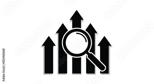 Magnifying glass revealing rising arrows symbolizing growth and analysis