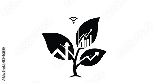 Digital growth and data analysis represented by a plant with charts and wifi signal.
