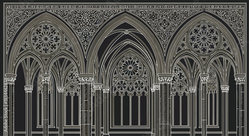 Gothic cathedral interior drawing, ribbed vault architecture, pointed arch design, ornate column detail, stained glass window, medieval church structure