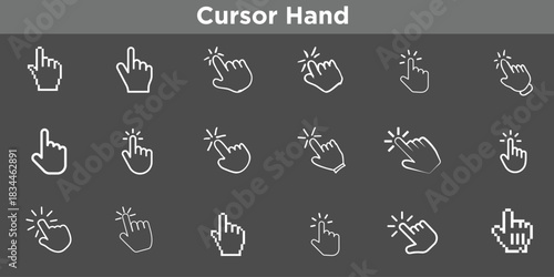 Hand Cursor Vector Icon Set: Line Art, Pixel & Outline Pointer Finger Graphics for UI, UX, App, Web Design, Click Here CTA, and Digital Interface Symbols (SVG/PNG).