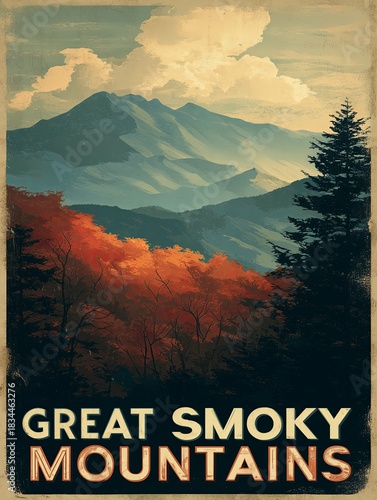 This vintage poster celebrates the Great Smoky Mountains, showcasing layered peaks and fiery autumn trees. Warm tones and bold lettering evoke nostalgia and natural grandeur.