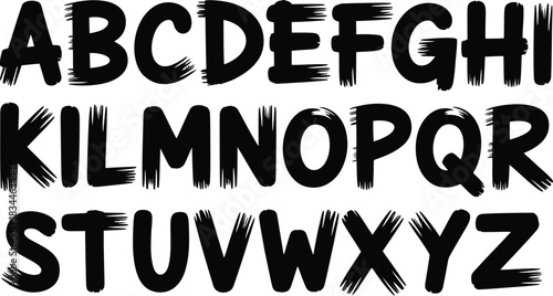 Black brush stroke alphabet letters a through z displayed in three rows