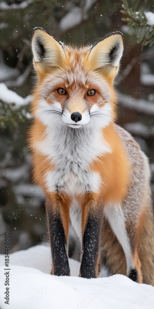 Fototapeta premium Stunning winter scene featuring a red fox beautifully captured in fresh snow among evergreen trees.
