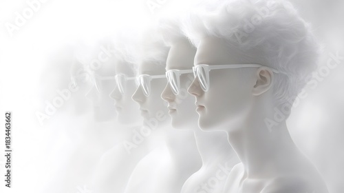 Conceptual image of multiple man profiles with white hair and white glasses, blurred to represent thought or progression of ideas Cloud Dancer Color of the Year 2026