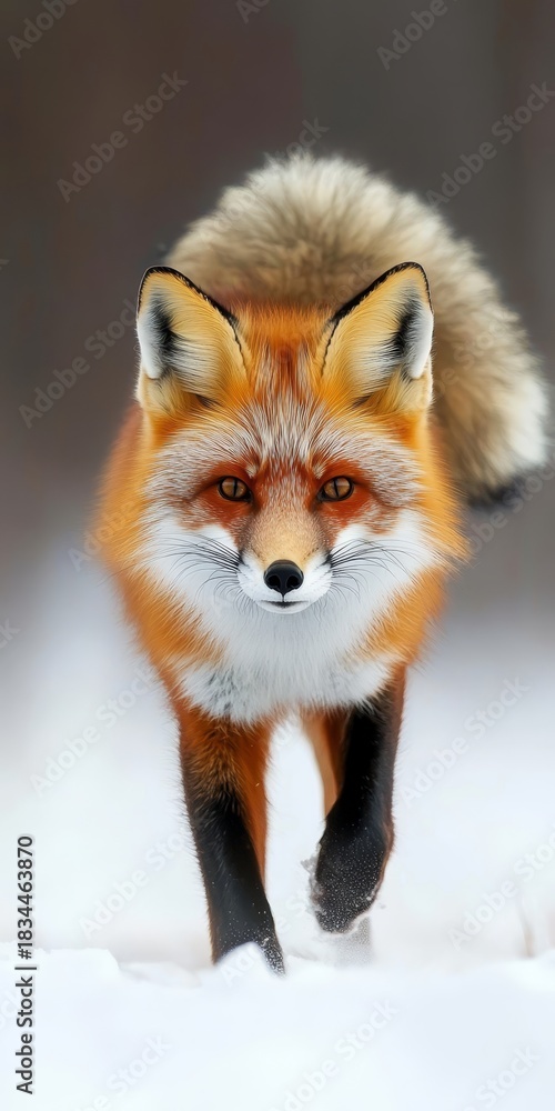 Naklejka premium Alert Red Fox Walking Through Fresh Snow in Winter Landscape, Eyes Glowing Bright Orange in Focus