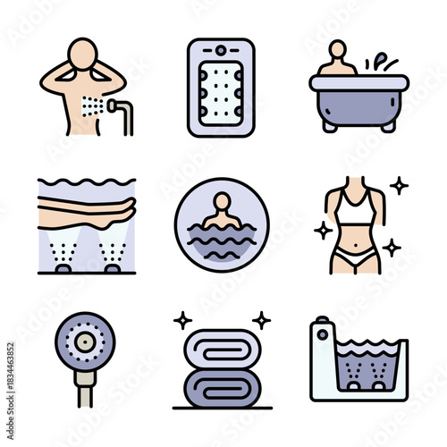 Hydro massage color icons set. Spa aqua. Park bathing. Health care and medical vector symbols isolated on white background.