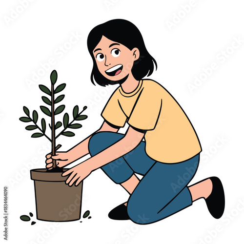 Illustration of young woman planting a small tree seedling in a brown pot
