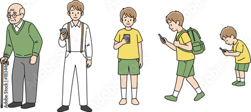 Male life cycle stages, growing up with smartphone, vector illustration, aging process set, man from toddler to senior, white background.
