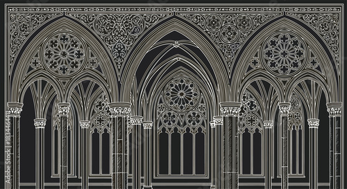 Gothic cathedral interior drawing, ribbed vault architecture, pointed arch design, ornate column detail, stained glass window, medieval church structure
