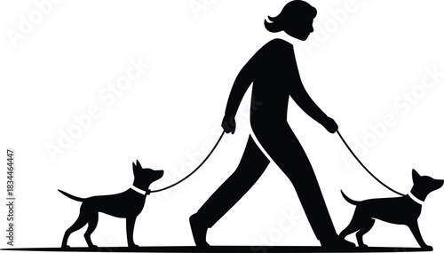 Black Silhouette of a Person Walking Two Dogs on Leashes Outdoors; Vector Icon for Pet Care, Dog Walking Service, Responsibility, and Animal Love Concepts