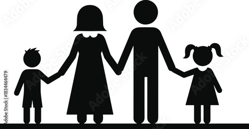 Black Silhouette of a Traditional Family Holding Hands: Mother, Father, Son, and Daughter; Vector Icon for Love, Parenthood, Unity, and Childhood Concepts
