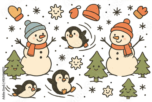 Winter Wonderland Playtime. Adorable doodle winter scene with snowmen smiling, mittens and hats flying around, penguins sliding,