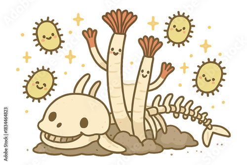 Cheerful Chemosynthetic Ecosystem. Cute doodle chemosynthetic ecosystem illustration with cheerful bacteria, cartoon tubeworms