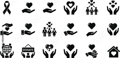 Global Charity Donation and Support Icons: Hands Holding Hearts, Ribbon, and Family; Black Vector Collection for Volunteer, Care, and Awareness Concepts