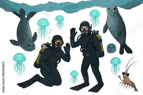 Arctic Ocean Exploration. Scientific dive under ice with glowing jellyfish, curious seals, smiling krill, and divers waving No