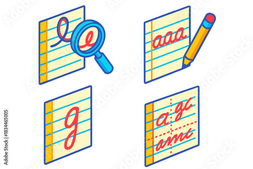 Handwriting Analysis Icons. Isometric vector illustration set Handwriting Zones Concept: Upper loop analysis, middle zone clarity,