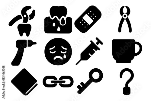 Painful Procedure Icons. Solid style icons of Painful Procedures: Tooth Extraction, Bleeding Gum, Bandage, Forceps, Drill, Crying