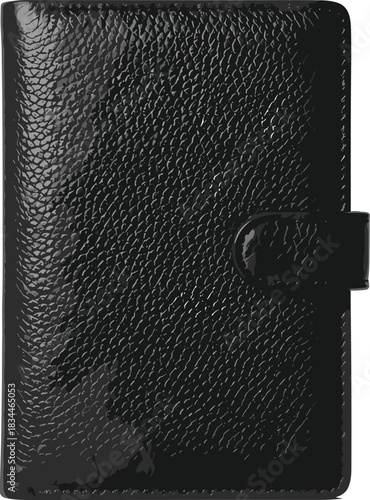 Luxury Black Glossy Patent Leather Wallet Isolated on White Background with Grain Texture and Stylish Snap Closure for Finance, Fashion, and Business Accessories.