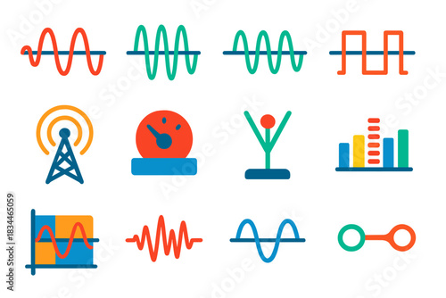 Analog Modulation Icons. Flat vector icons of Analog Modulation: AM waveform, FM waveform, carrier signal wave, information signal