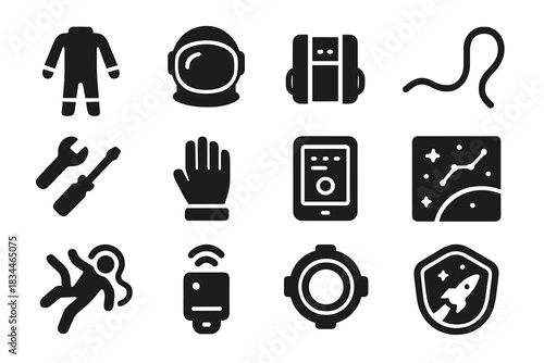 Astronaut Gear Icons. Solid style icons of Astronaut experience: space suit, helmet visor, oxygen pack, tether line, floating