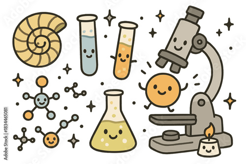 Playful Fossil Analysis. Adorable doodle molecular analysis of fossils with cheerful test tubes, cartoon microscopes observing