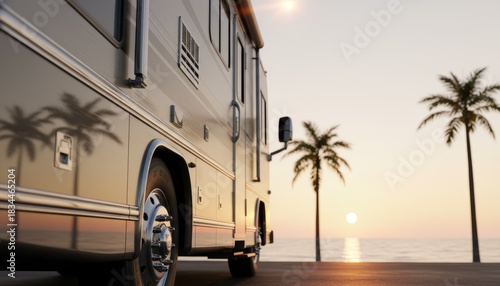 Large modern recreational vehicle parked on a tropical seaside road at sunset, with palm trees reflecting on its shiny surface in the warm golden light