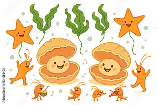 Ocean Carnival Magic. Ocean carnival with smiling clams, dancing sea stars, kelp balloons, and tiny shrimp musicians No text, No