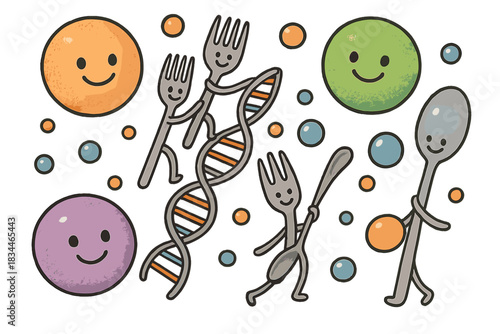 Gastronomic Molecular Wonderland. Microscopic gastronomy view with giant smiling molecules, forks climbing DNA ladders, and spoons