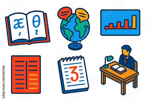 Linguistics Icons Set. Isometric vector illustration set Historical Linguistics: open book with phonetic symbols, globe with