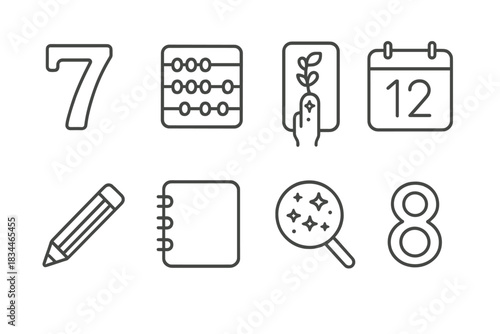Numerology Icon Set. Line style icons of Numerology: Number Significance, Birth Date, Mystical Interpretation, Calculation; Abacus