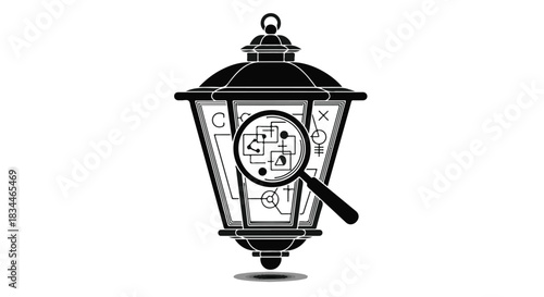 Vintage lantern with clock and magnifying glass on white background, detective mystery investigation concept, detective, clock, lantern