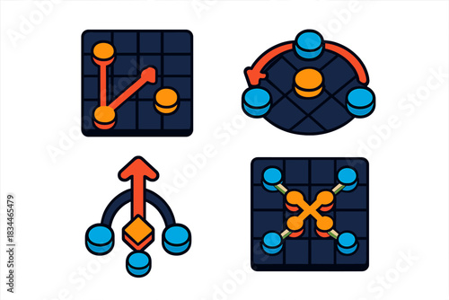 Tactical Game Icons. Isometric vector illustration set Tactical Game Concepts: Opening strategy diagram, surrounding maneuver,