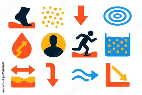 Quicksand Icons Set. Flat vector icons of quicksand and thixotropic behavior: sinking foot, sand particles, stress arrow, surface