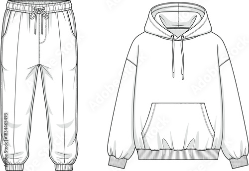 Men's technical ski jacket flat technical drawing vector illustration, front and back view, apparel template, waterproof, windproof, outdoor active sportswear.