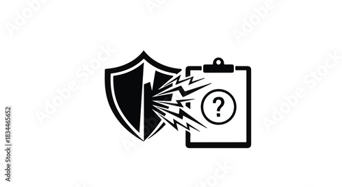 Shield protecting clipboard with question mark from electrical surge, representing security and risk assessment