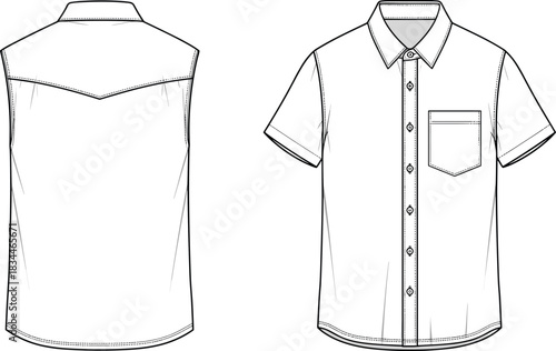 Vector technical sketch of a men's short sleeve collared button-down shirt and sleeveless template with a Western yoke, front and back view,