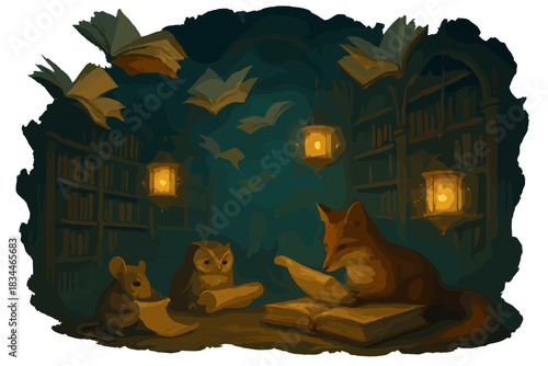 Whimsical Library Fantasy. Dreamlike mind library with flying books, glowing lanterns of memory, and curious animals reading