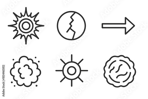 Nucleosynthesis Icons. Line style icons of Nucleosynthesis in Supernovae: stellar shockwave, iron core collapse, r-process arrow,