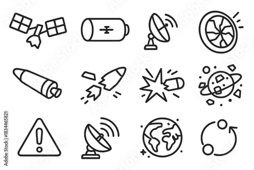 Space Debris Icons. Line style icons of space debris: broken panel, fuel tank, detached antenna, shattered lens; rocket body,